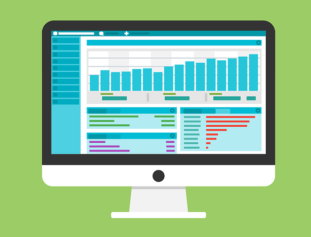 Financial data management graphic - computer screen with tables and graphs