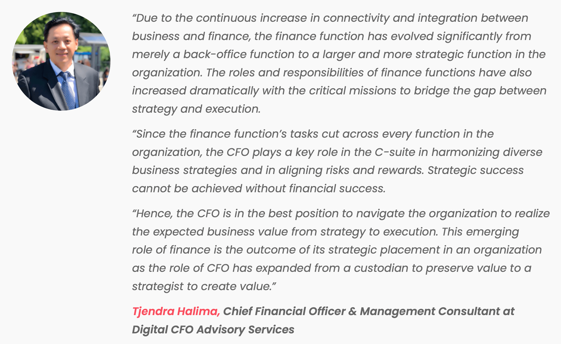 Benefits of finance transformation quote from Tjendra Halima