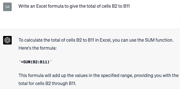 ChatGPT excel formula