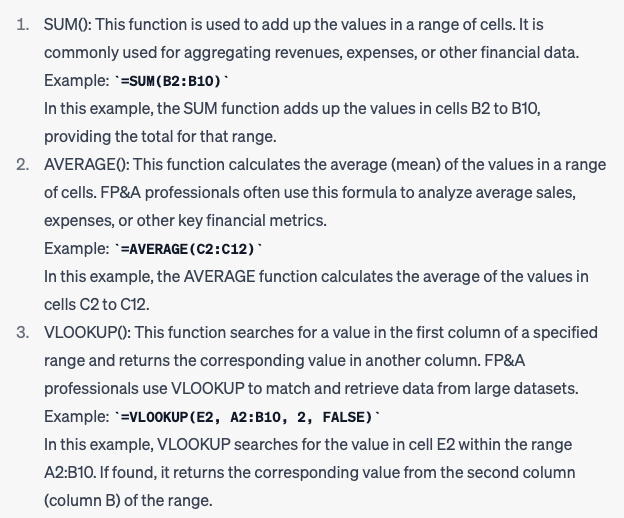 ChatGPT and Excel formula examples