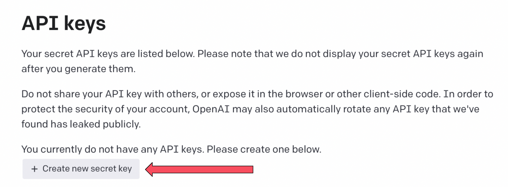 How to get an OpenAI API Key - Select 'create new secret key'